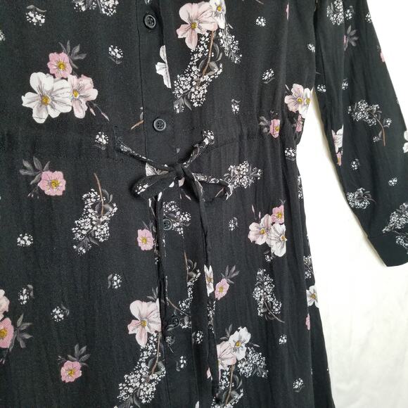 Divided Women's Mini Black Floral Dress Button Up Long Cuffed Sleeves Size 6 - Picture 4 of 10